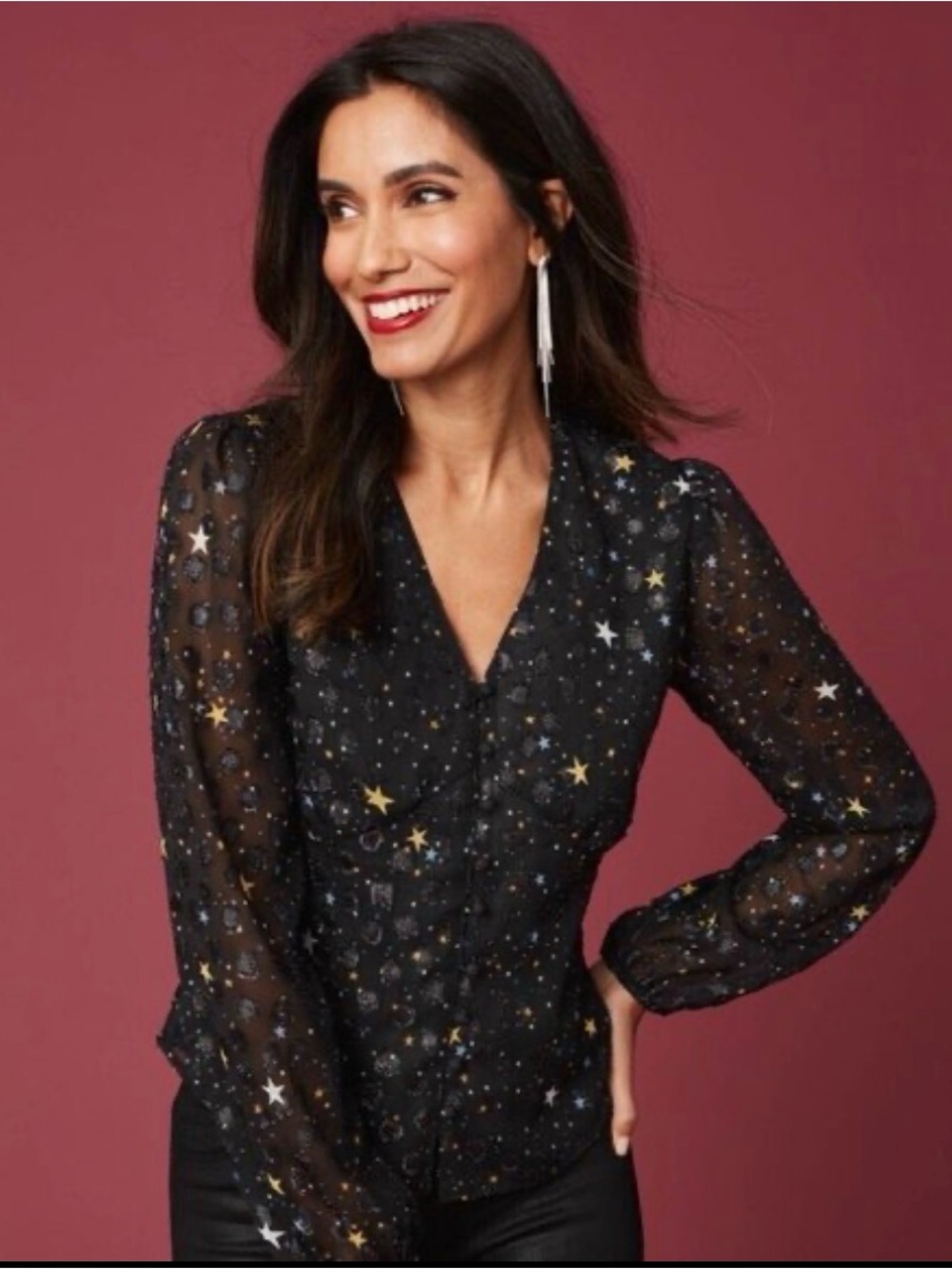 UNTUCKit Black Sheer Star-Print V-Neck Blouse